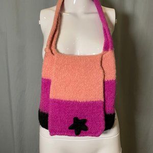 Handmade Tufted Knit Peach Pink Black Color Block Flower Purse SALE